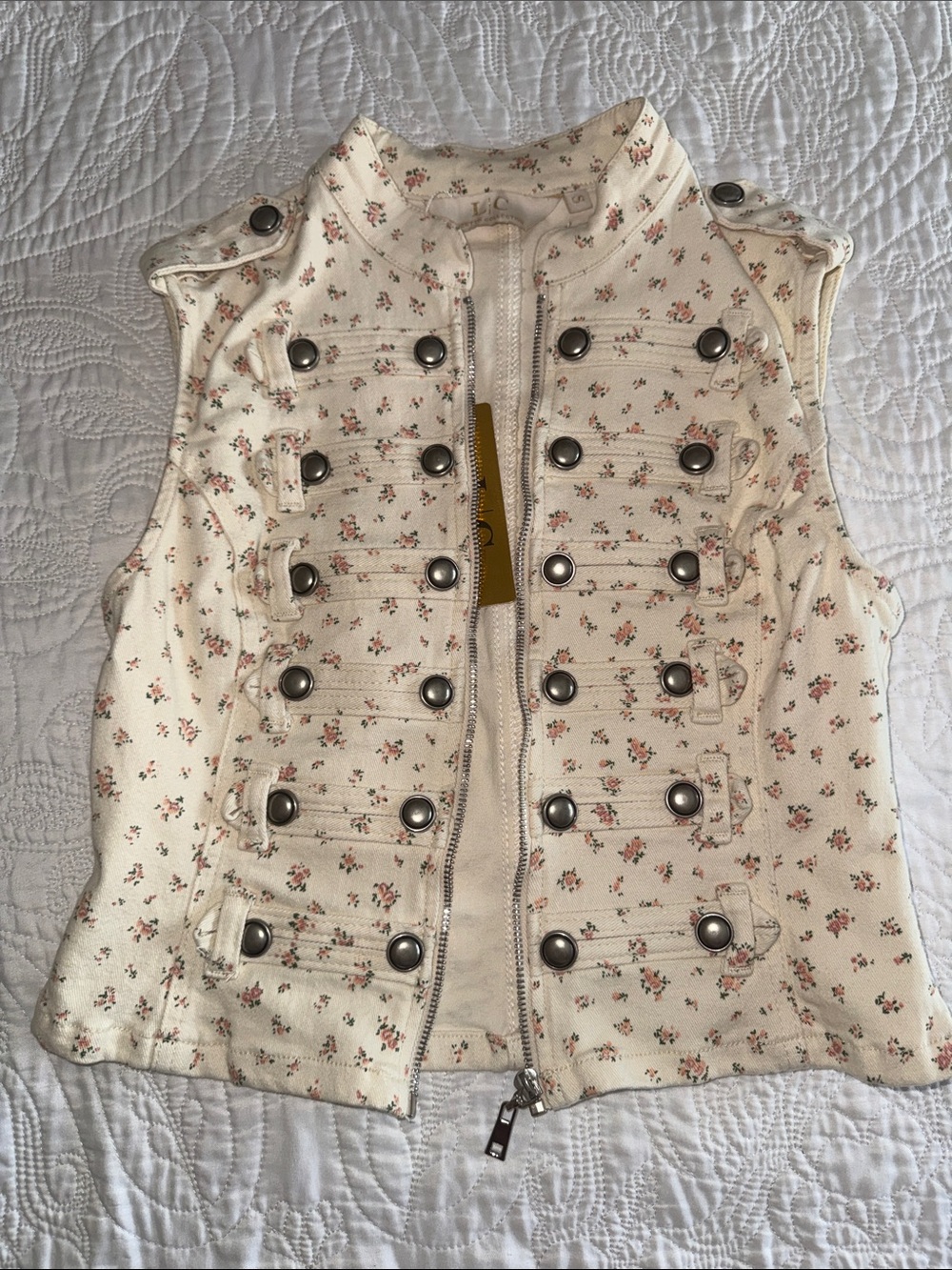 Women’s Cream Floral Military-Style Zip Vest